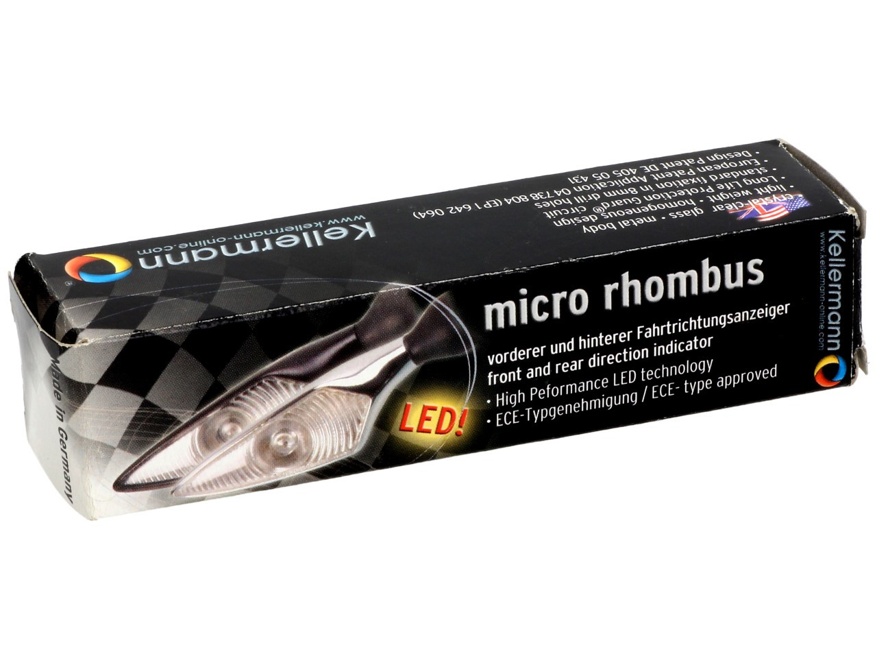 Clignotants Kellermann, losange, acier, LED, VL/HR, 12 V, chrome brillant, M8x20, homologués E