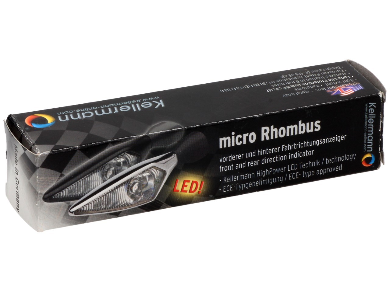 Clignotant Kellermann, losange, acier, LED, VL/HR, 12 V, noir satiné, M8x20, homologué E