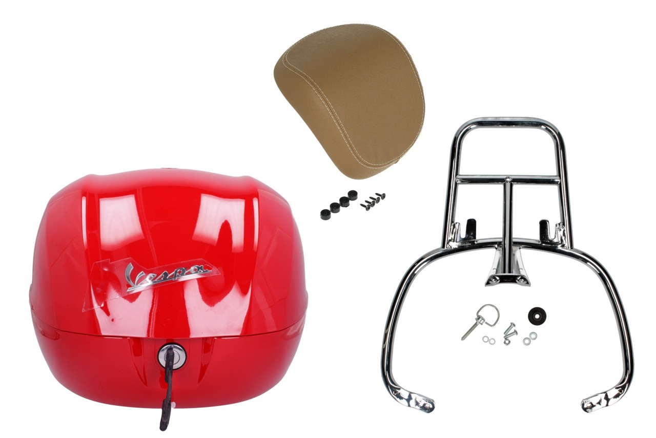 Kit top case 32L rouge dragon (894), coussin dorsal beige pour Vespa Sprint / Primavera