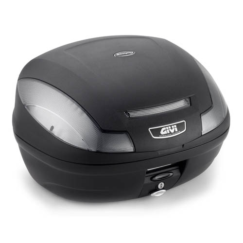 E470 Simply III TECH Topcase MONOLOCK noir avec réflecteurs transparents et plaque d'origine Givi