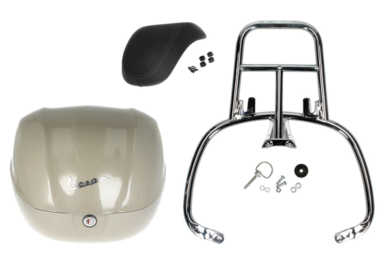 Kit top case 32L beige (Q01), coussin dorsal noir pour Vespa Primavera