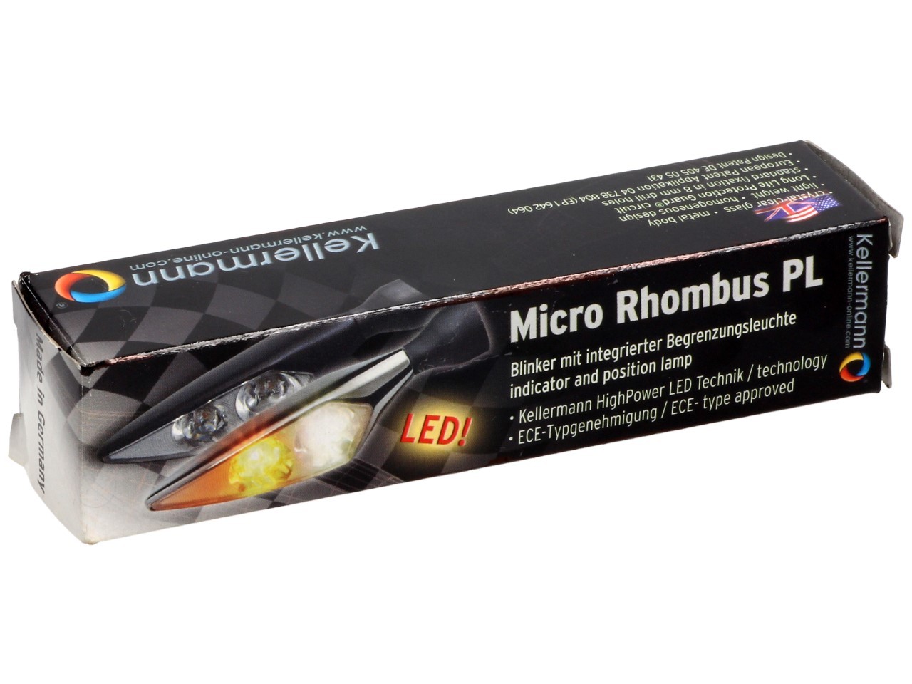 Kellermann Clignotant avec feu de position, Rhombus PL, acier, LED, VR, 12 V, chrome brillant, M8x20