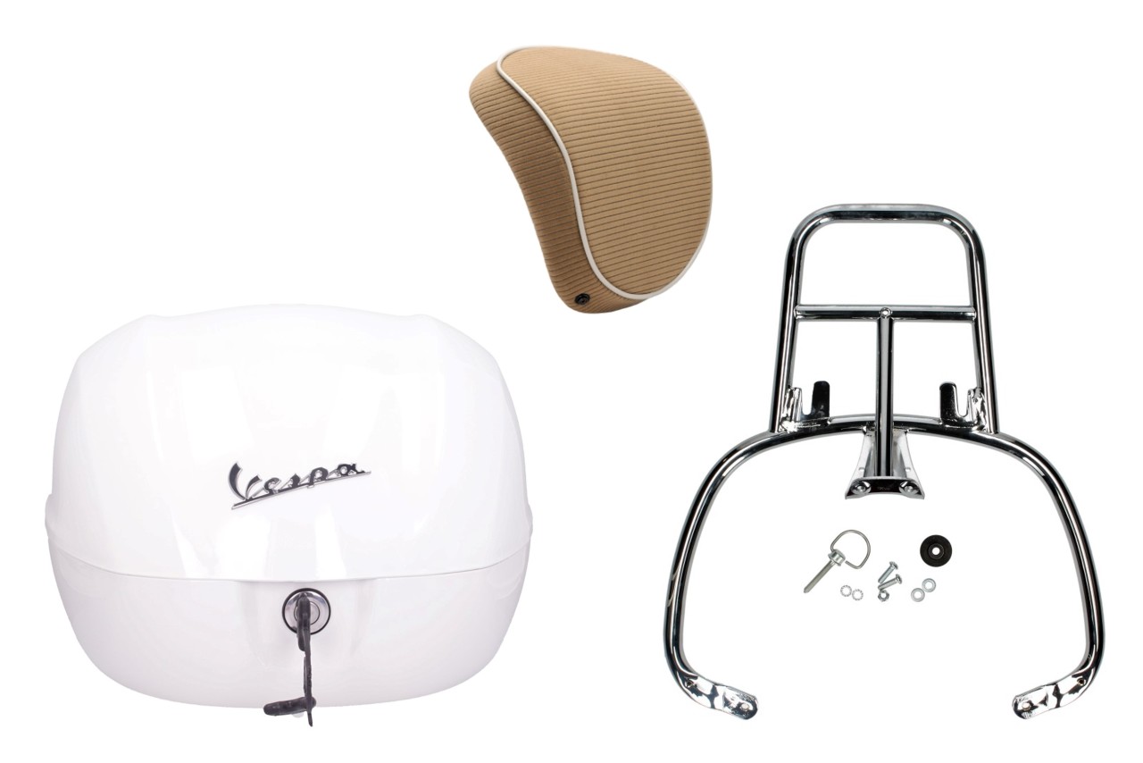 Kit top case 32L blanc montebianco (BR/544), coussin dorsal marron pour PIaggio Medley 125 (24-)